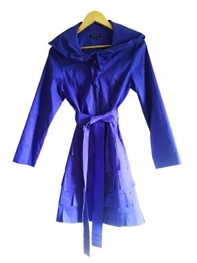 Size S Samuel Dong Cobalt Blue Belted Trench Coat with Square Appliques